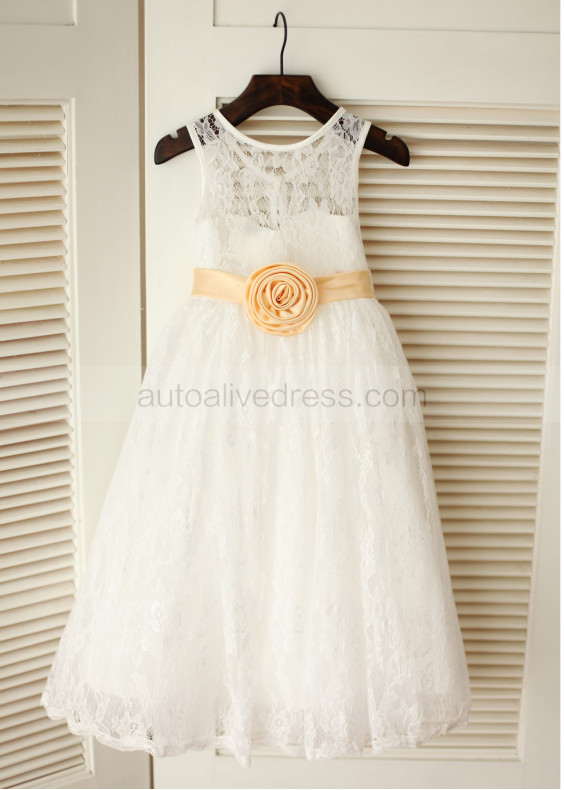 Ivory Lace Tea Length Rustic Flower Girl Dress